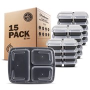 Freshware 15-Pack 3 Compartment Bento Lunch Boxes with Lids - Stackable Reusable Microwave Dishwasher & Freezer Safe - Meal Prep Portion Control 21 Day Fix & Food Storage Containers